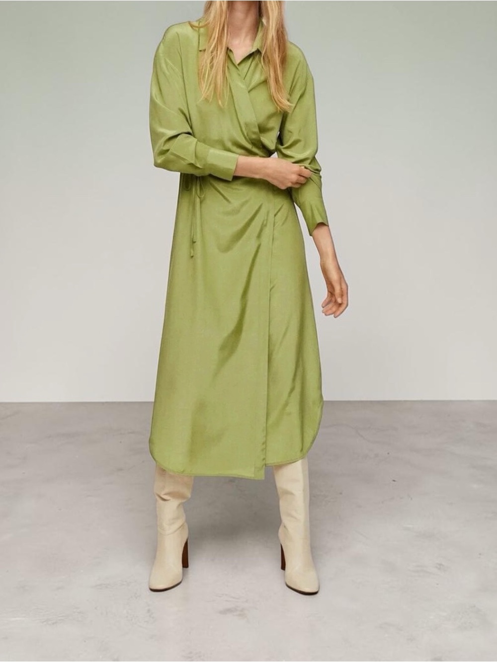 Mango Green Satin Wrap Midi Shirt Dress Size 4